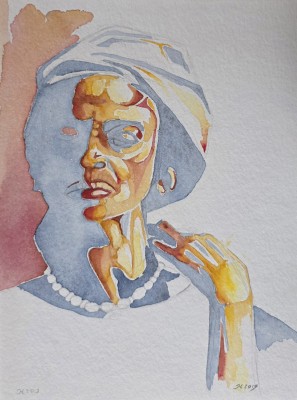 Aquarellbild eines abstrakten Frauenkopfes in blau und Orange